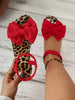 Women's Leopard Print Sole Cross Elastic Strap Flat Sandals, Wide Fit, Bow Decor, Elegant Outdoor Beach Party Flat Sandals